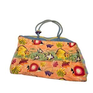 Vintage 90s Anne Ormsby Tote Bag Orange Tropical Fish Denim Travel Beach Bag Zip